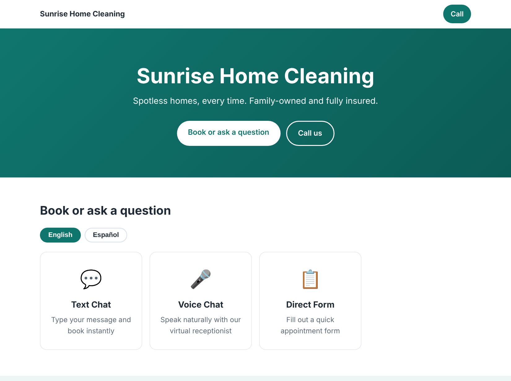 Example business web page with buttons to book by text chat, voice chat or form